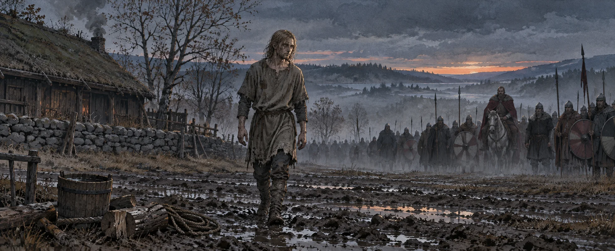A lean, ragged young man walks unarmed across a muddy field at dusk toward a line of Viking warriors with round shields, a mounted king behind them.