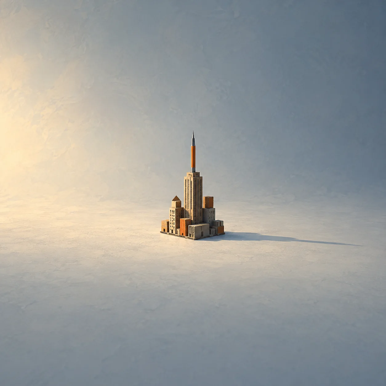 A miniature cardboard tower topped with a pencil, casting a long shadow on a grey-blue surface.
