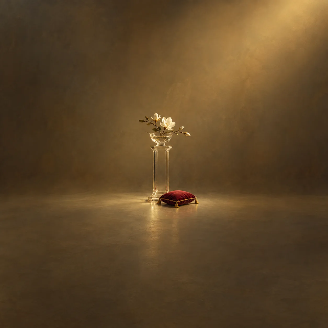 Painterly tall glass pedestal holding white flowers beside a burgundy velvet cushion in golden light.