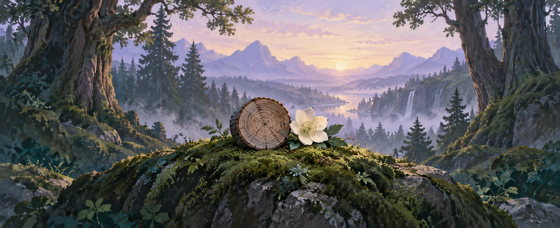 A round slice of timber showing growth rings rests beside an ivory flower on a mossy ledge above a misty forest.