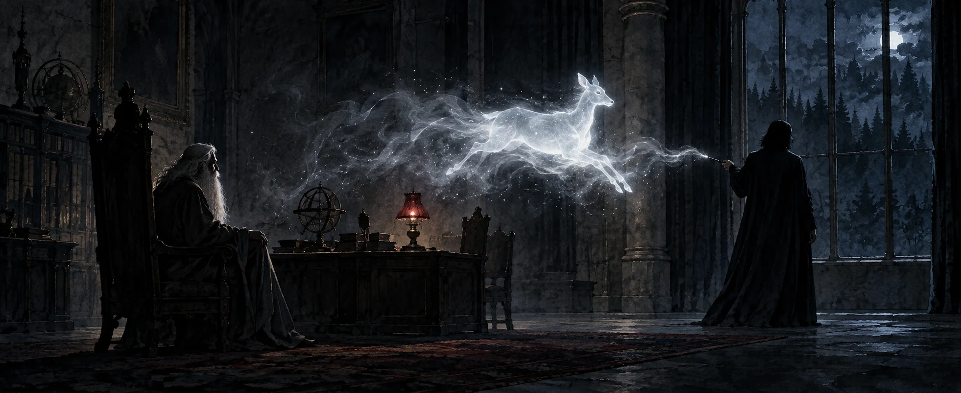 A silver doe of light leaps from the wand of a man in black robes across a dim office as an old wizard watches from his chair.