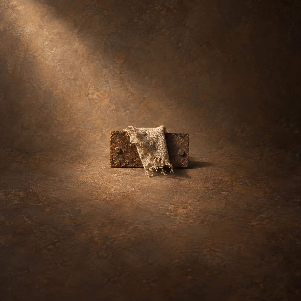 A torn strip of pale frayed cloth hangs over a rusted metal plate against a rough brown background.