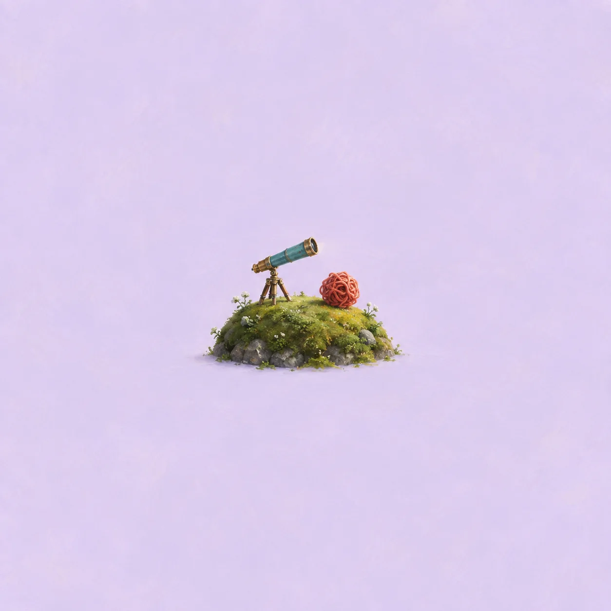 A small teal telescope and a coral-red ball of yarn on a mossy mound against a pale lavender background.