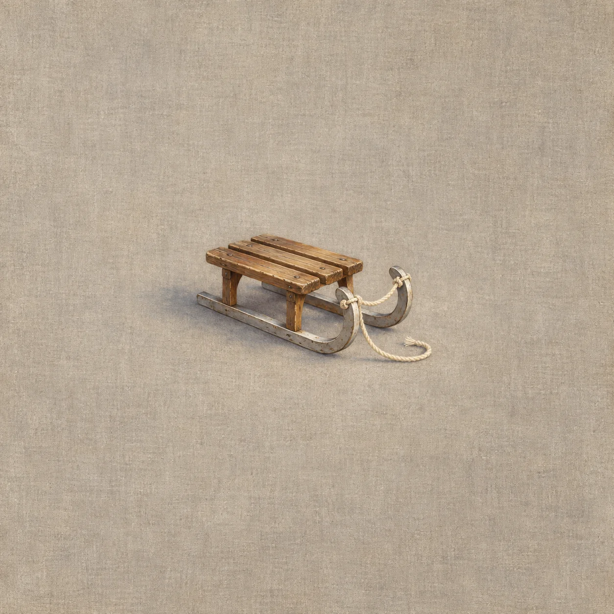 A plain slatted wooden childhood sled has two curved metal runners and a short ivory pull rope.