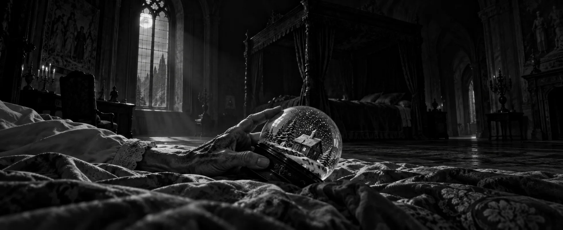 In black and white, an old man's hand on a bedcover lets a snow globe slip from his fingers in a vast dark bedroom.