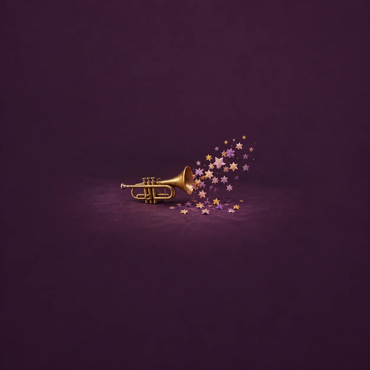 A brass trumpet releasing a small cloud of paper stars against a plum background.