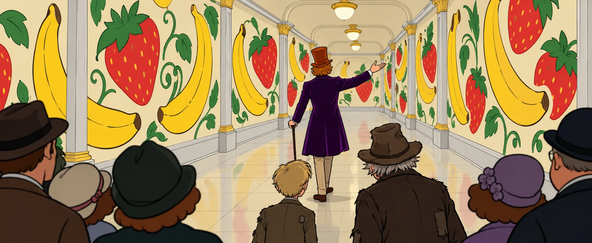 Flat cartoon view down the lickable-wallpaper corridor of strawberries and bananas: Willy Wonka strides ahead with an arm raised, Charlie and Grandpa Joe among the hatted visitors in the foreground.