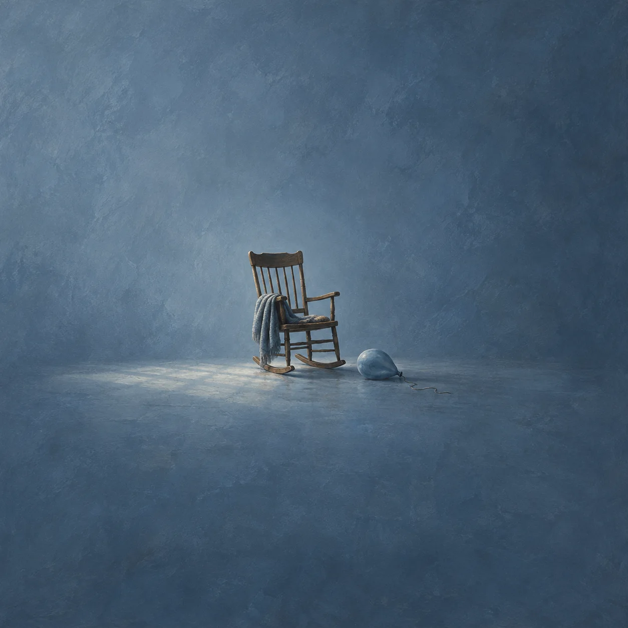 Painterly empty rocking chair draped with cloth beside a fallen blue balloon.