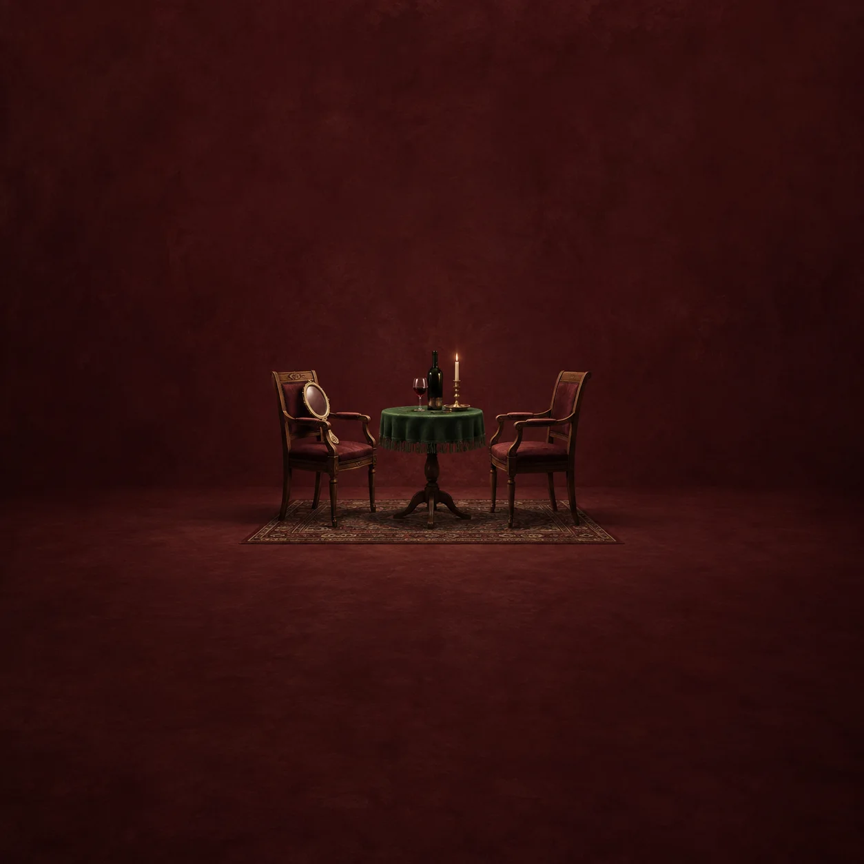 Two wooden chairs face a small green-covered table with a bottle and glasses, with a hand mirror on one seat.