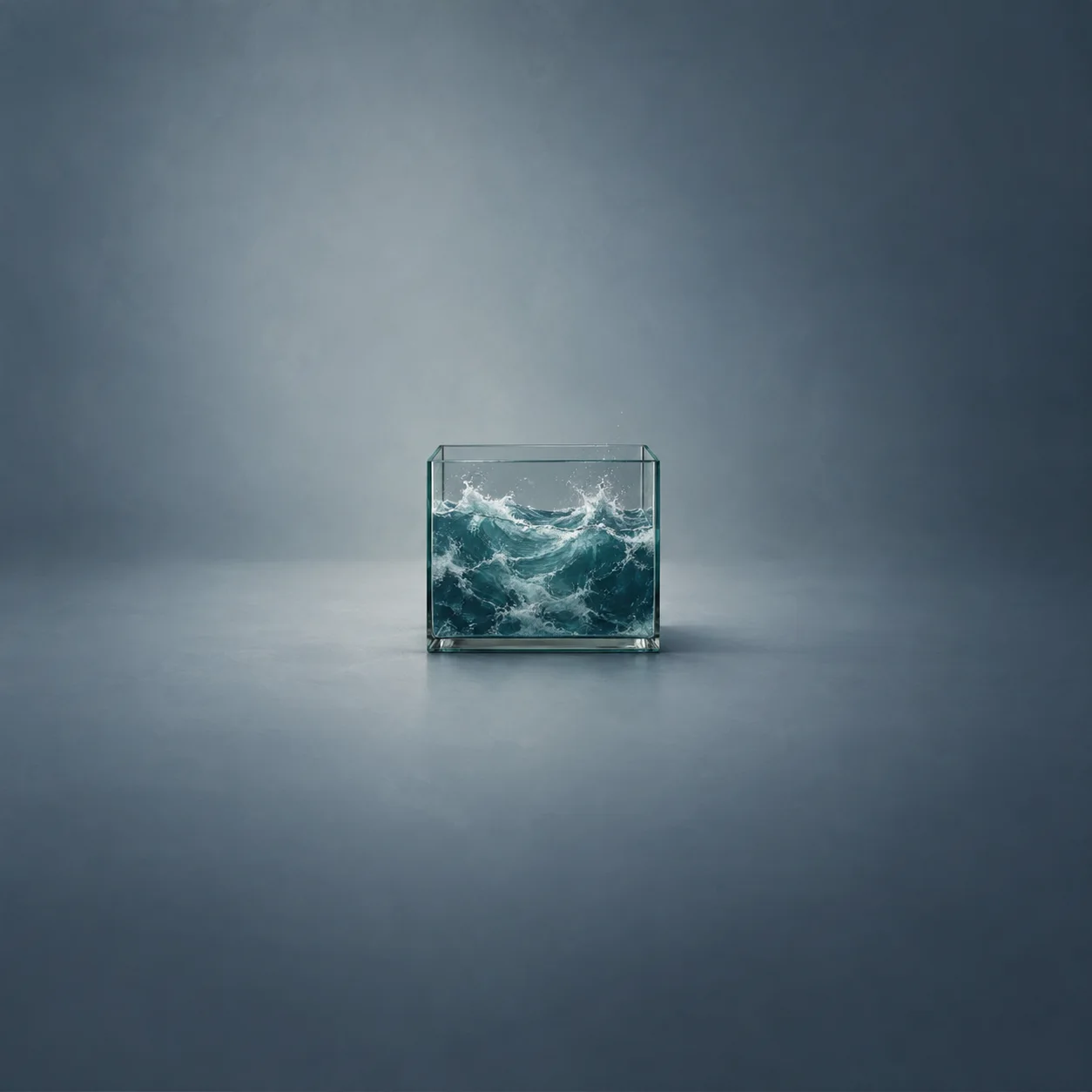 Churning teal waves and white foam fill a small square glass tank against a blue-gray background.