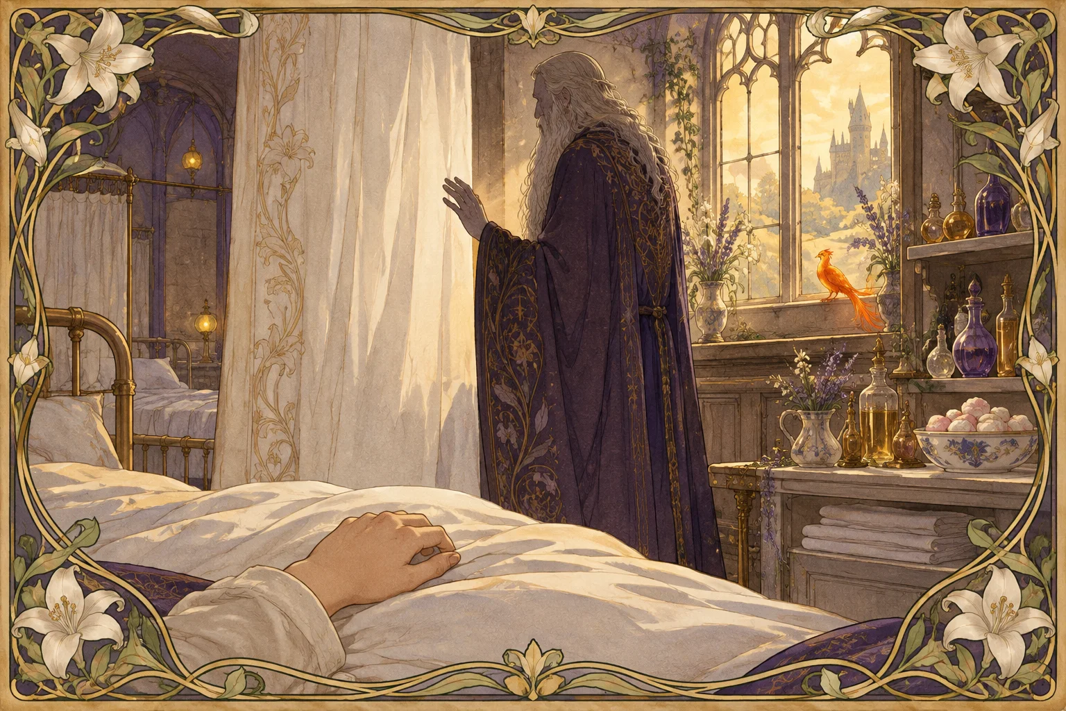 An old wizard in violet robes stands beside a curtained hospital bed where a boy's hand rests on the blanket, a phoenix by the window.