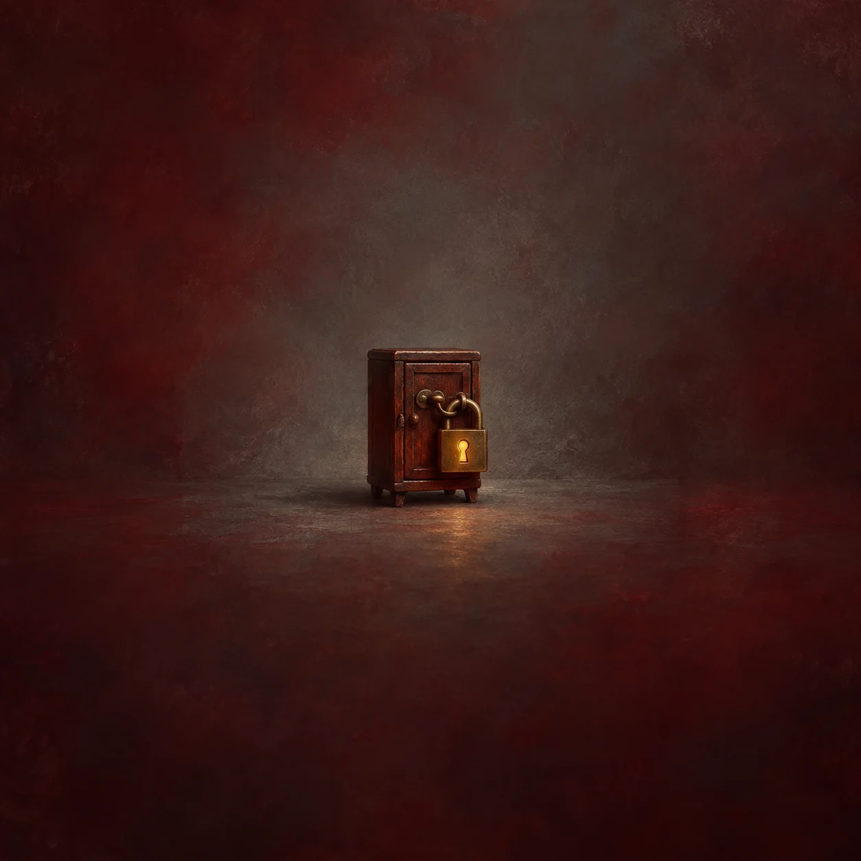 A large brass padlock hangs from a tiny closed wooden door against a dark red background.