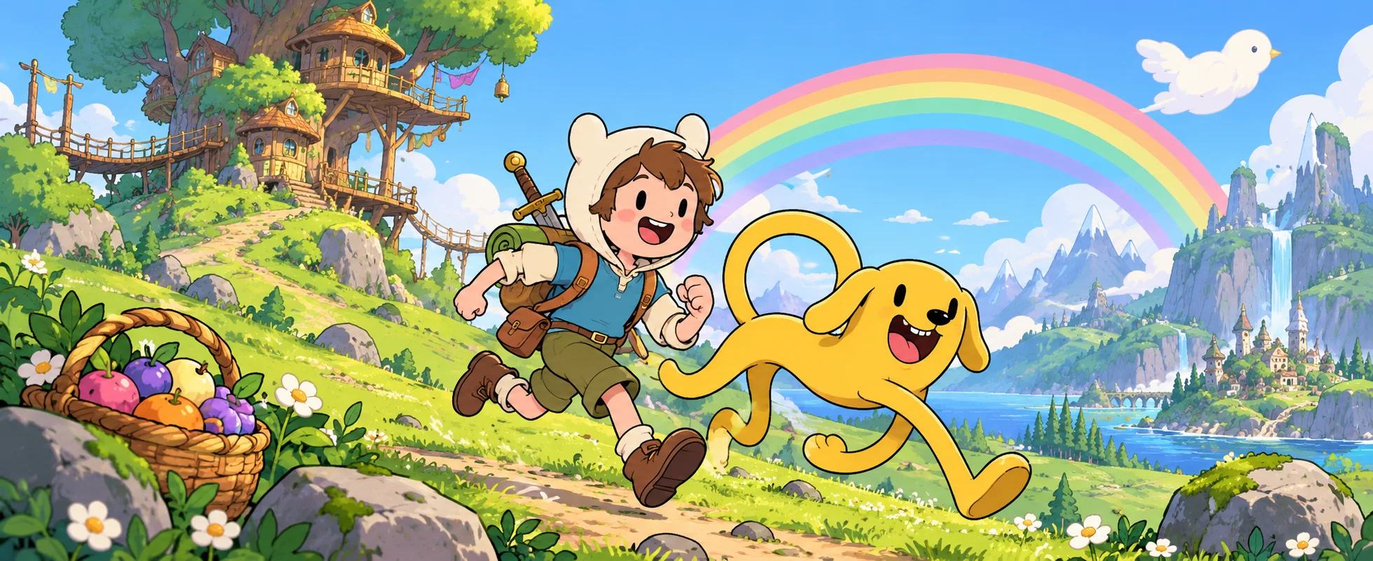 A boy in a white bear-eared hat and a stretchy yellow dog race across a sunny hillside under a rainbow, a treehouse on the rise behind them.
