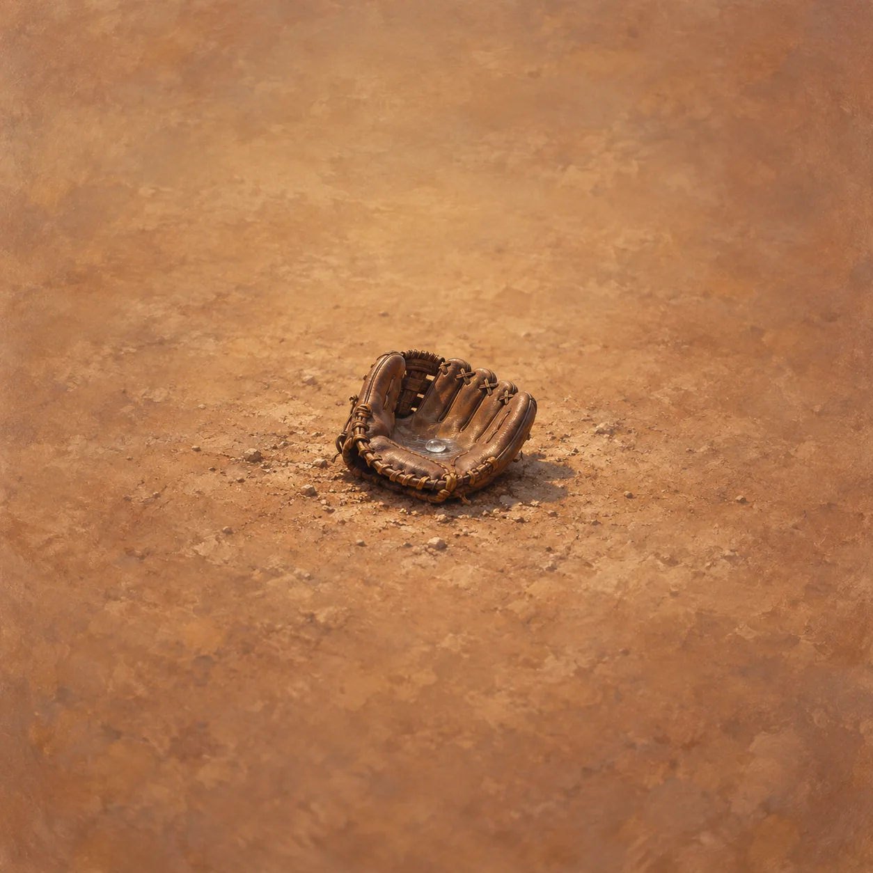 Painterly worn brown baseball glove resting on dusty ochre ground.