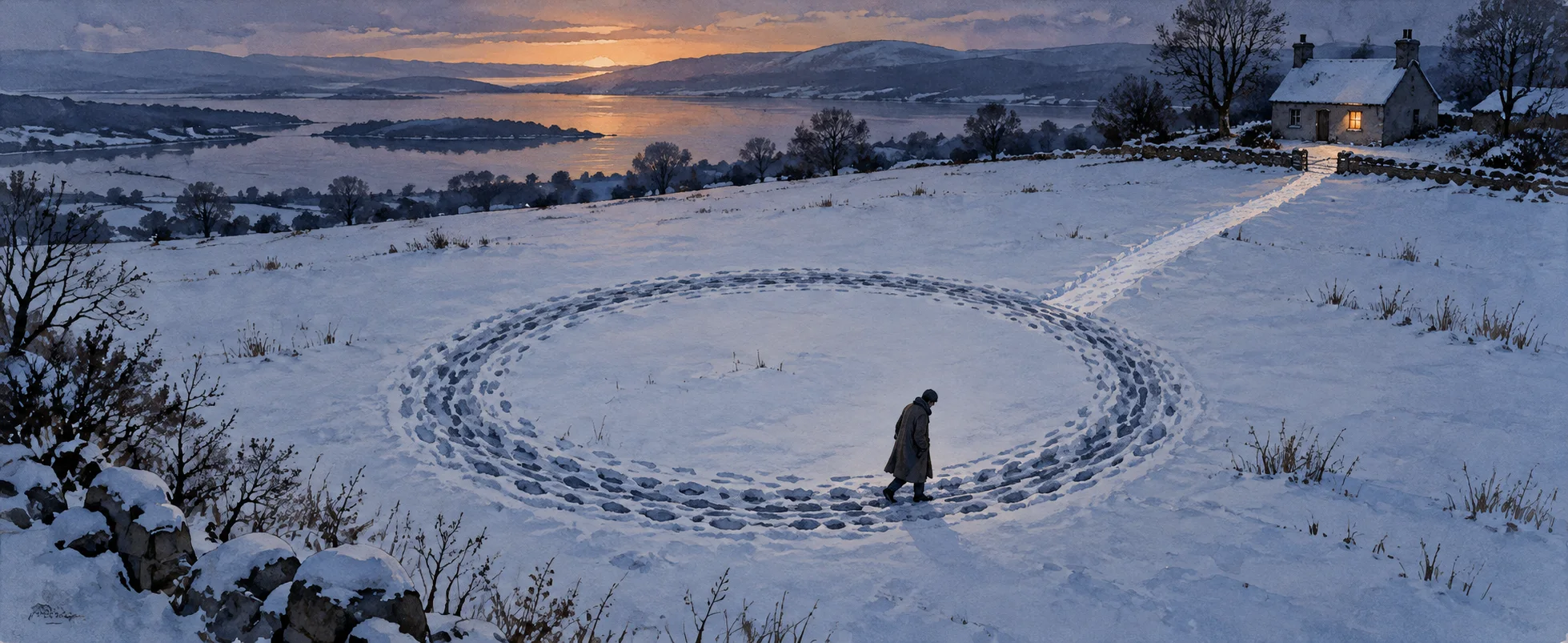 A lone walker trudges yet again around a deep circular path worn into a snowy field at dusk, while an untouched path leads away to a lit house.