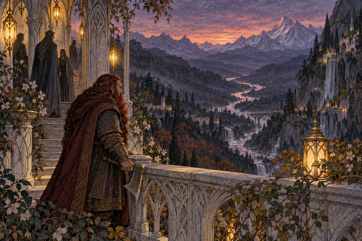 A red-bearded dwarf in a heavy cloak stands at the rail of an elven terrace at dusk, looking down a dark river valley.
