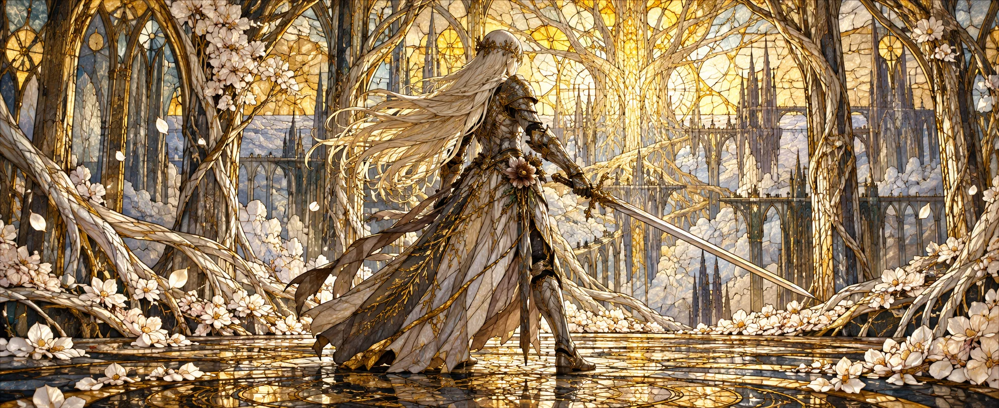 A warrior woman in gold armour with a prosthetic arm stands among white flowers in a golden hall of roots.