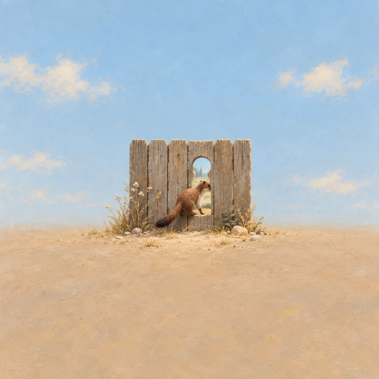 A small brown weasel figure squeezes through a keyhole-shaped opening in a weathered wooden fence.