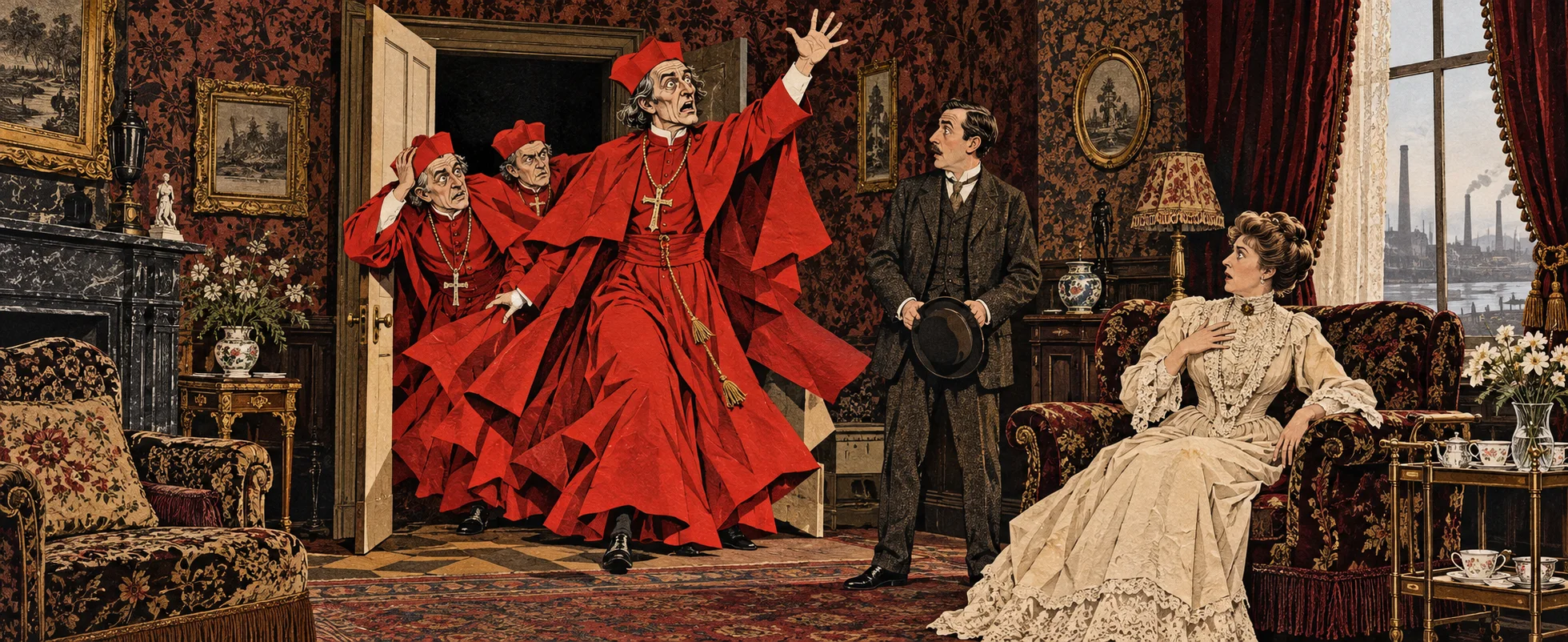 Three cardinals in scarlet robes burst through the door of an Edwardian parlour, the leader flinging up his arm, as a startled lady in a lace gown and a man in a suit look on.