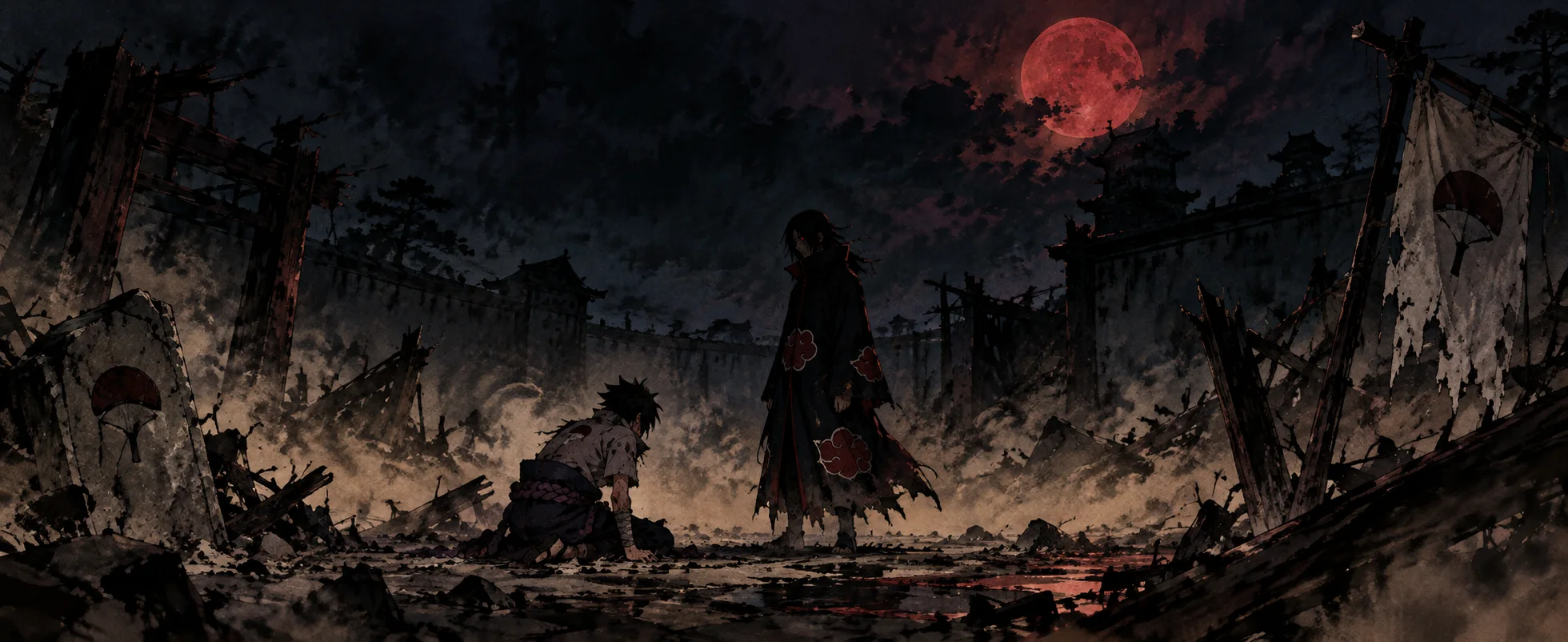 A cloaked figure in a black coat with red clouds stands over a kneeling boy in a ruined village under a blood-red moon.
