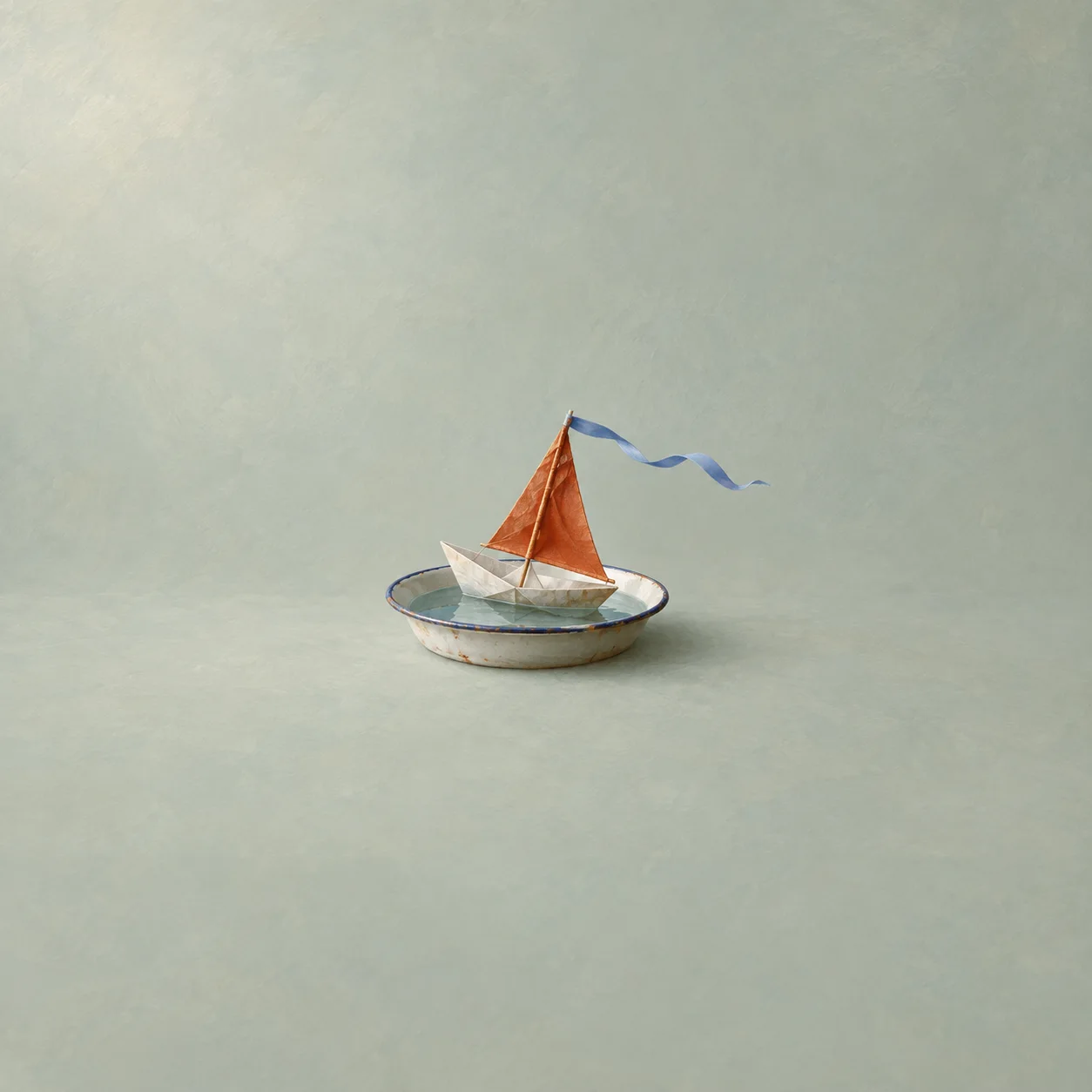 A paper boat with an orange sail and a flowing blue pennant sits in a shallow enamel dish against grey-green.