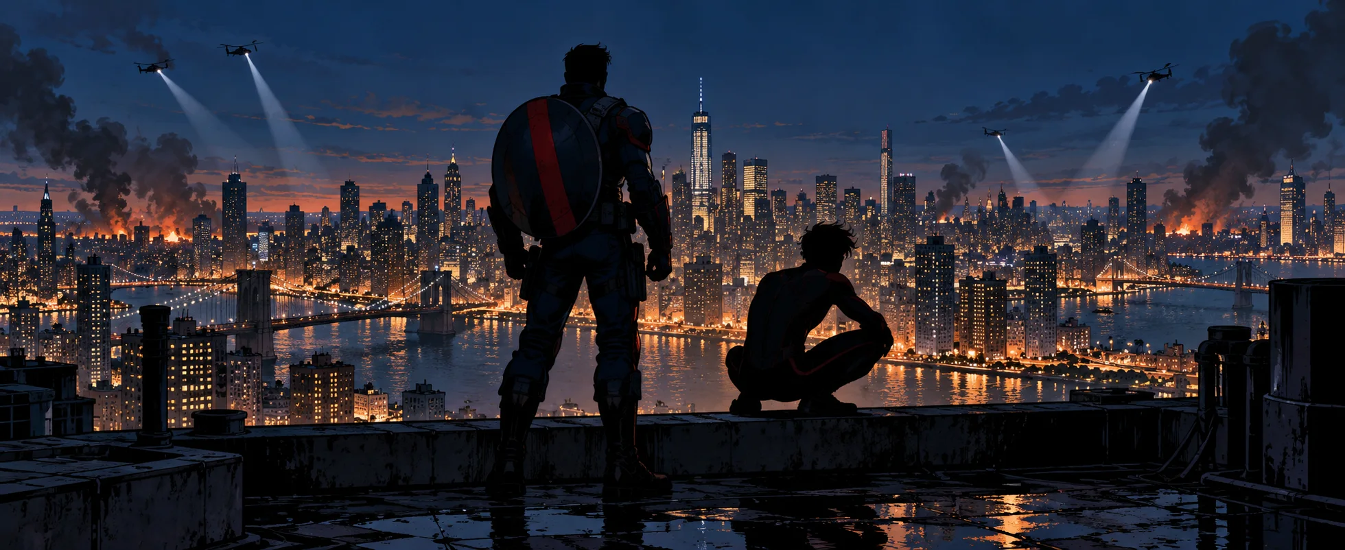 Comic illustration: a broad-shouldered soldier with a round striped shield on his back stands in silhouette beside a crouching young man on a rooftop ledge, overlooking a glittering, smoking night-time city as searchlight helicopters circle above.