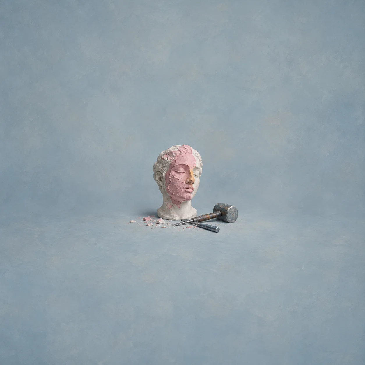 A small plaster head is partly covered in pink layers beside a steel chisel and mallet.