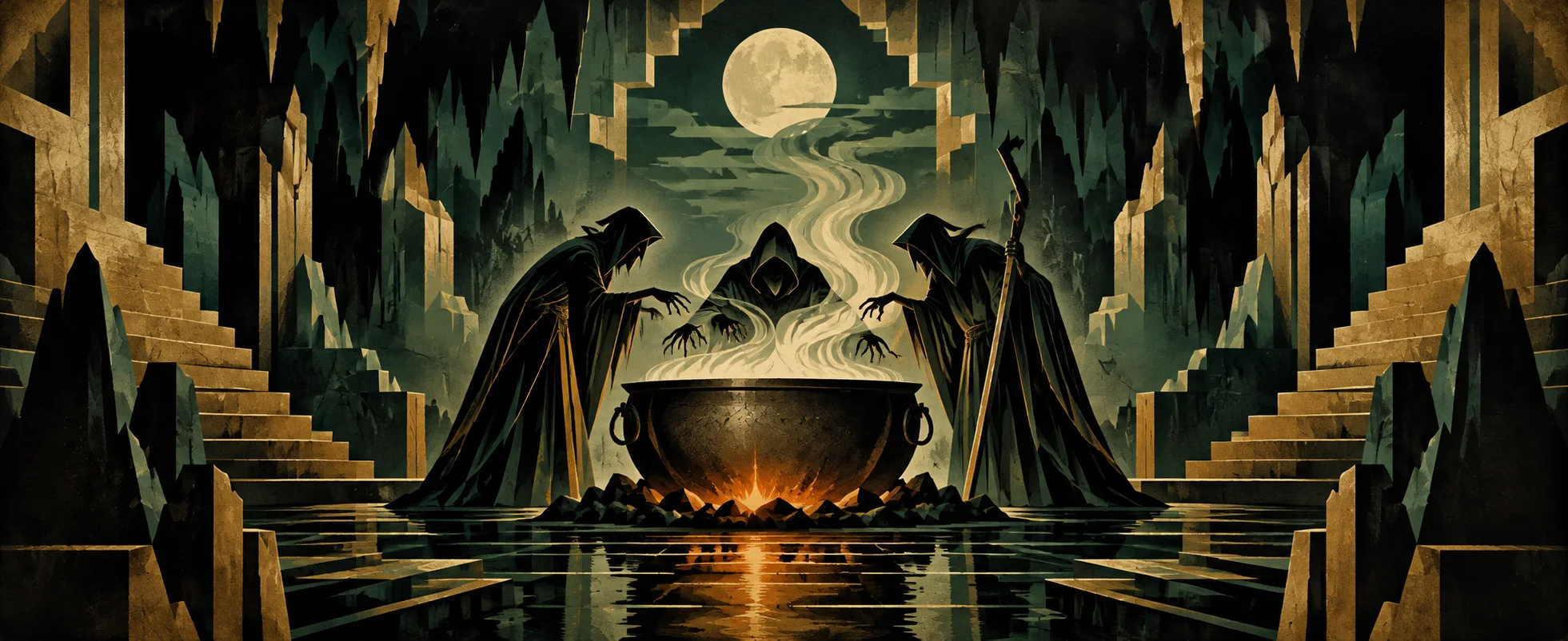 Three hooded witches stir a steaming cauldron in a stepped art-deco cavern under a full moon.