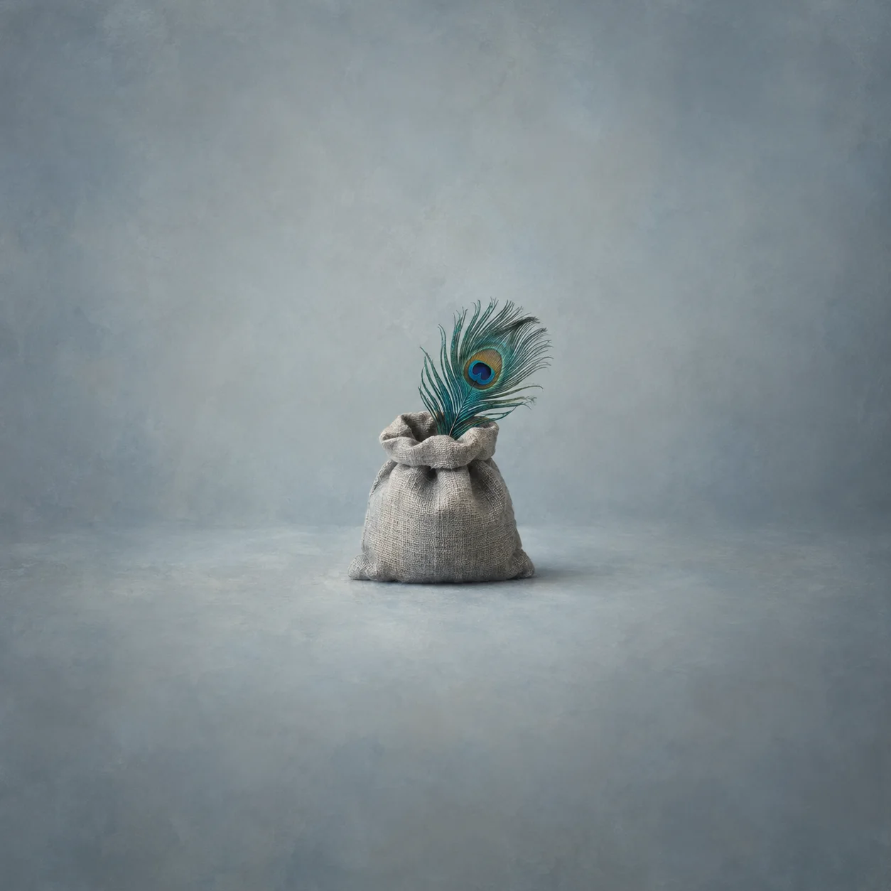 A plain grey linen sack with a bright peacock feather sticking out of the top, against a soft grey background.