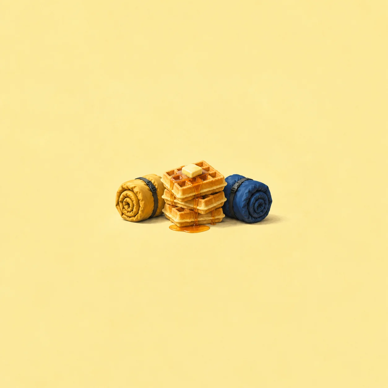 A stack of syrup-covered waffles stands between rolled yellow and navy sleeping bags.
