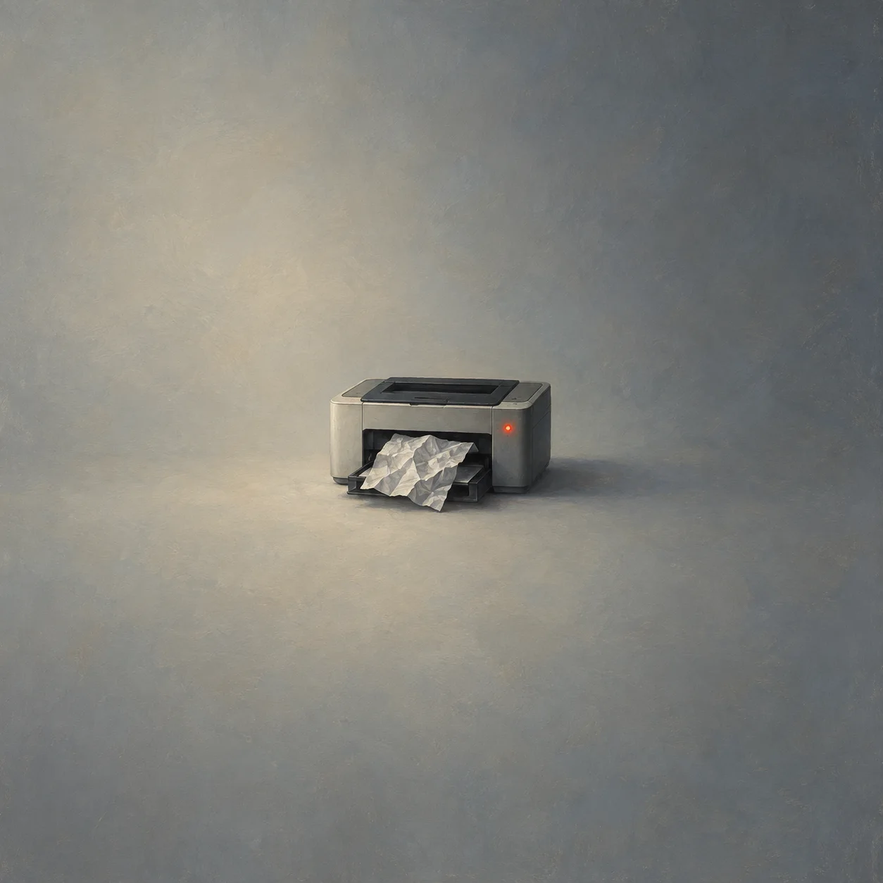 Painterly grey printer with crumpled paper protruding from its tray and a small red light.