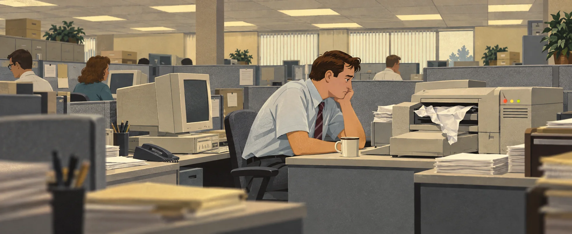 A frustrated office worker in a shirt and tie stares at a jammed beige printer in a 1990s cubicle farm.