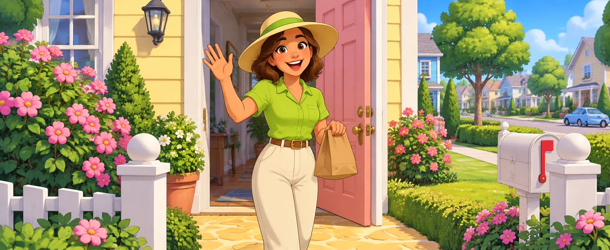 A cheerful woman in a sunhat waves from the door of a yellow suburban house.