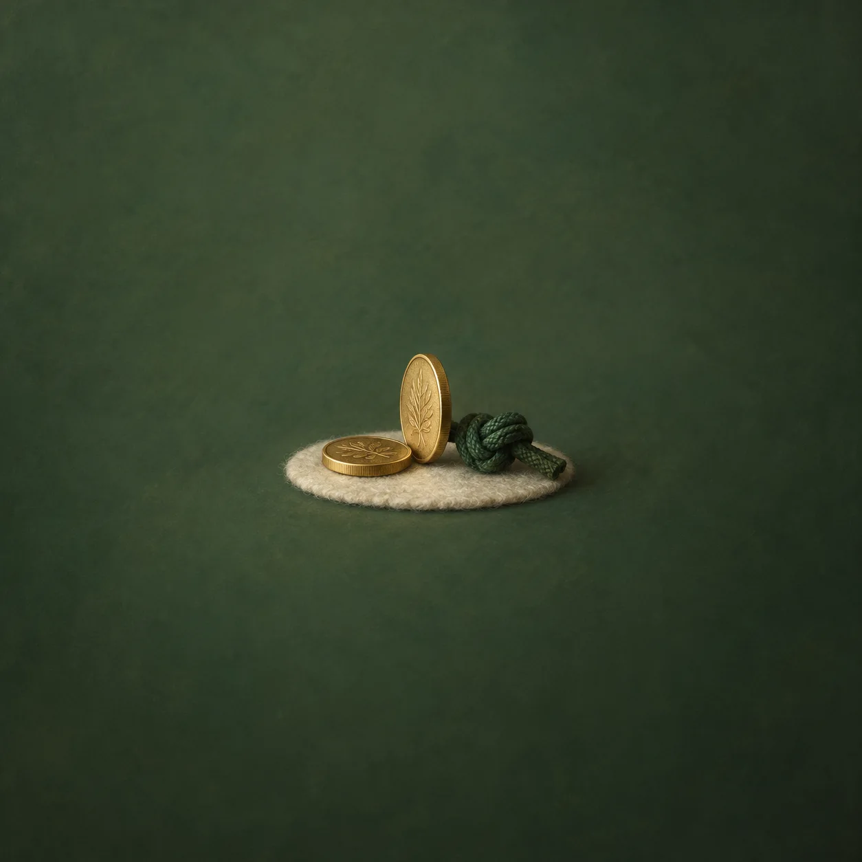 An upright gold coin stands beside stacked coins and a knot of dark green rope on a pale circular mat.