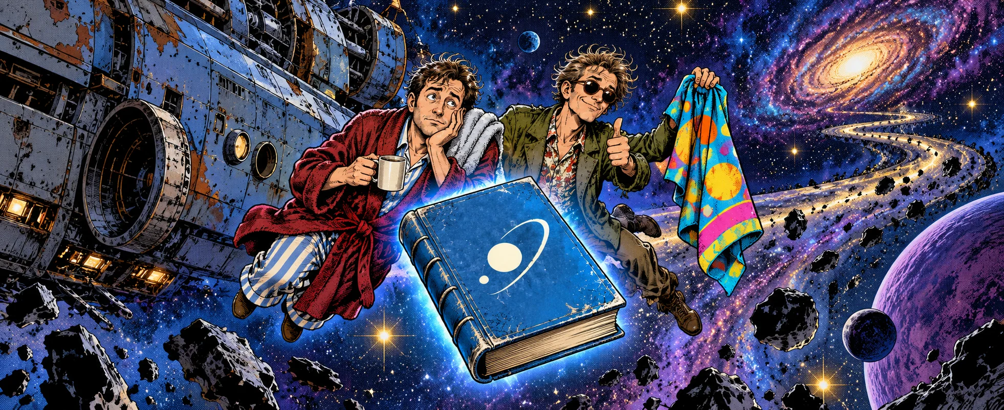Two men in a dressing gown and a scruffy jacket drift through space holding up towels beside a battered spaceship and a glowing blue guidebook.