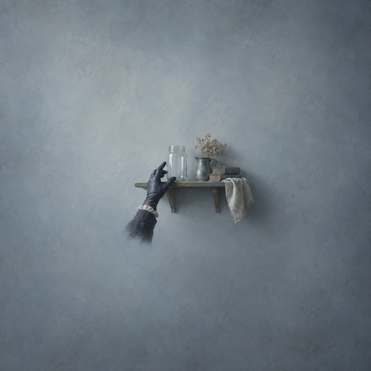A dark gloved hand reaches toward a wall shelf holding glass jars, a small pot and draped pale cloth.