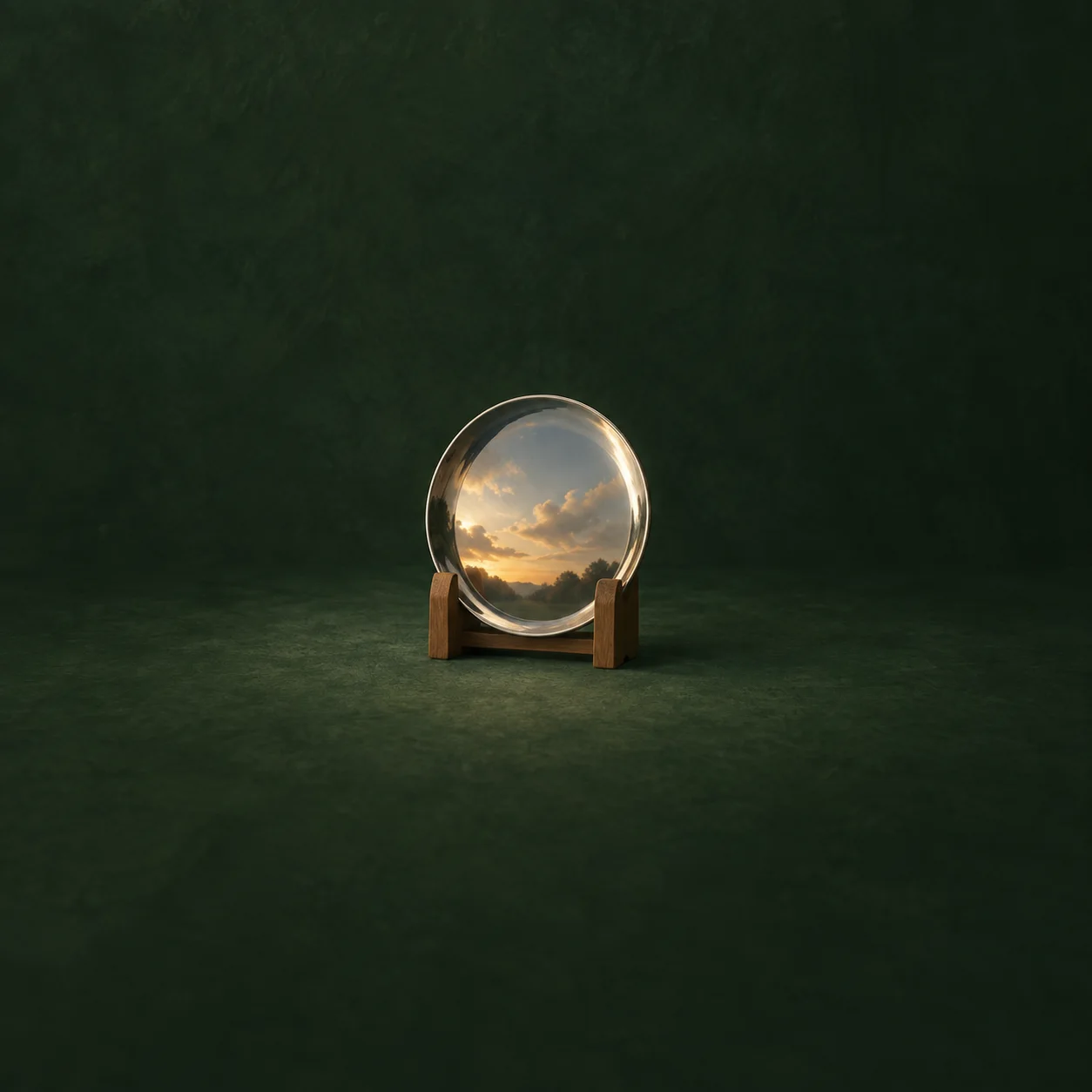 A round mirror in a small wooden stand reflecting a golden sky on a green background.