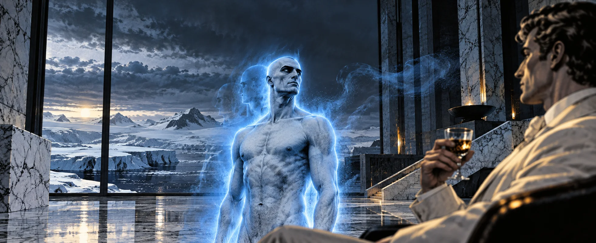 Comic illustration: a glowing blue, bald, muscular figure with faint afterimages stands in a marble hall before a window onto a frozen polar landscape, while a curly-haired man in a pale suit sits in the foreground holding a glass of whisky.