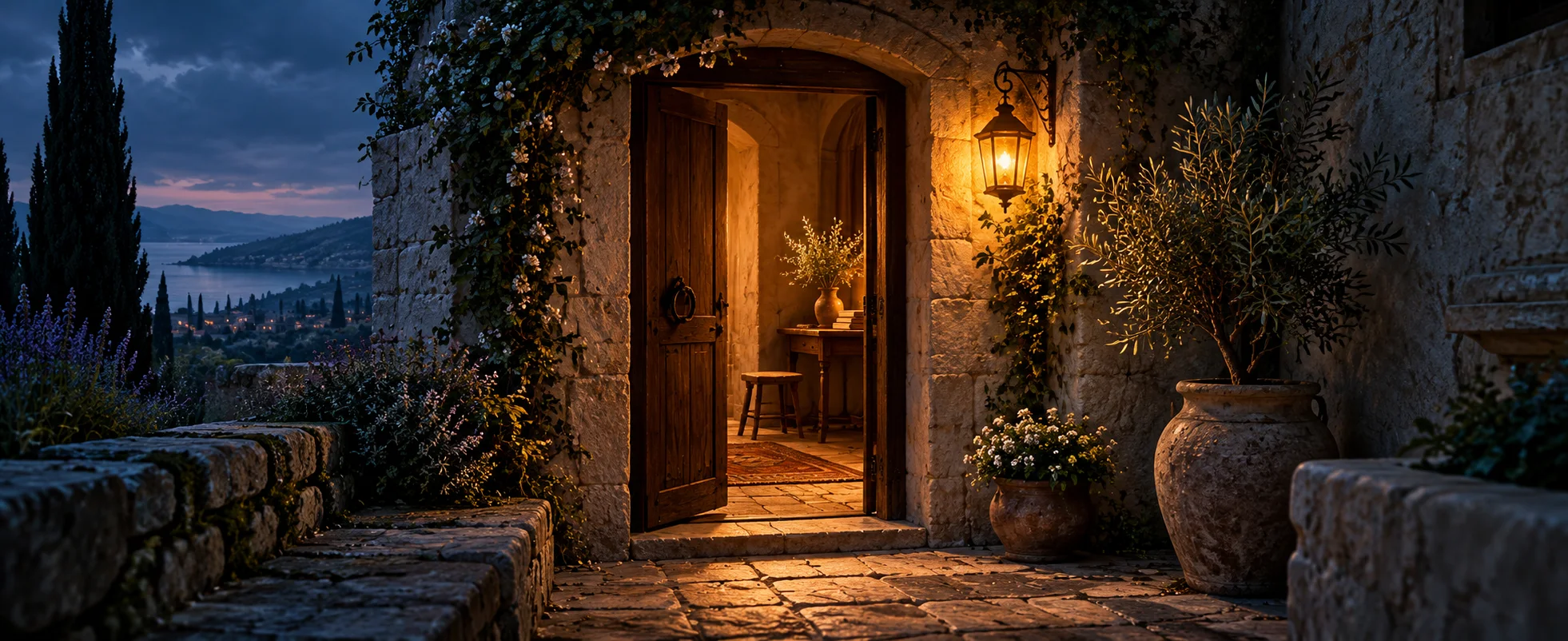 A small amber lamp lights an open wooden doorway in a shadowed pale stone passage.