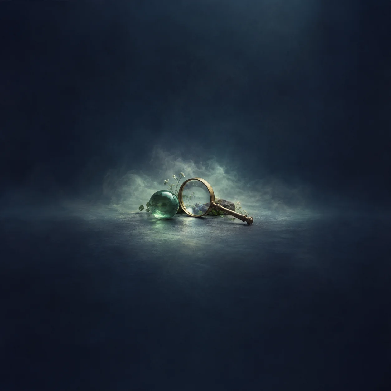 Painterly magnifying glass beside a glowing green orb surrounded by pale mist on deep blue.