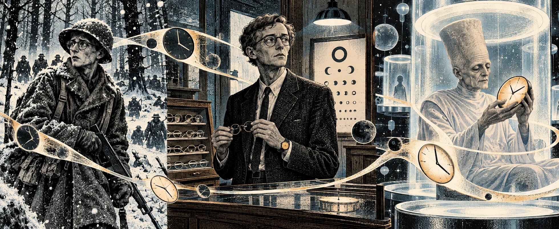 Three panels of one life: a young soldier in the snow, a bespectacled optometrist in a 1950s suit, and an old man in a glass dome among clocks drifting through time.