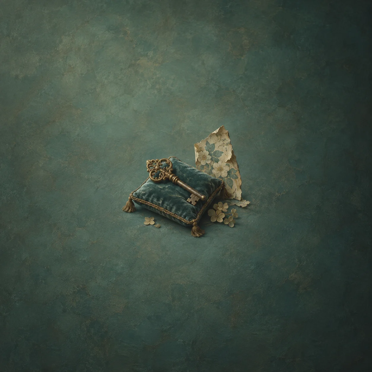 An ornate brass key rests on a teal cushion beside peeling patterned wallpaper and scattered flakes.