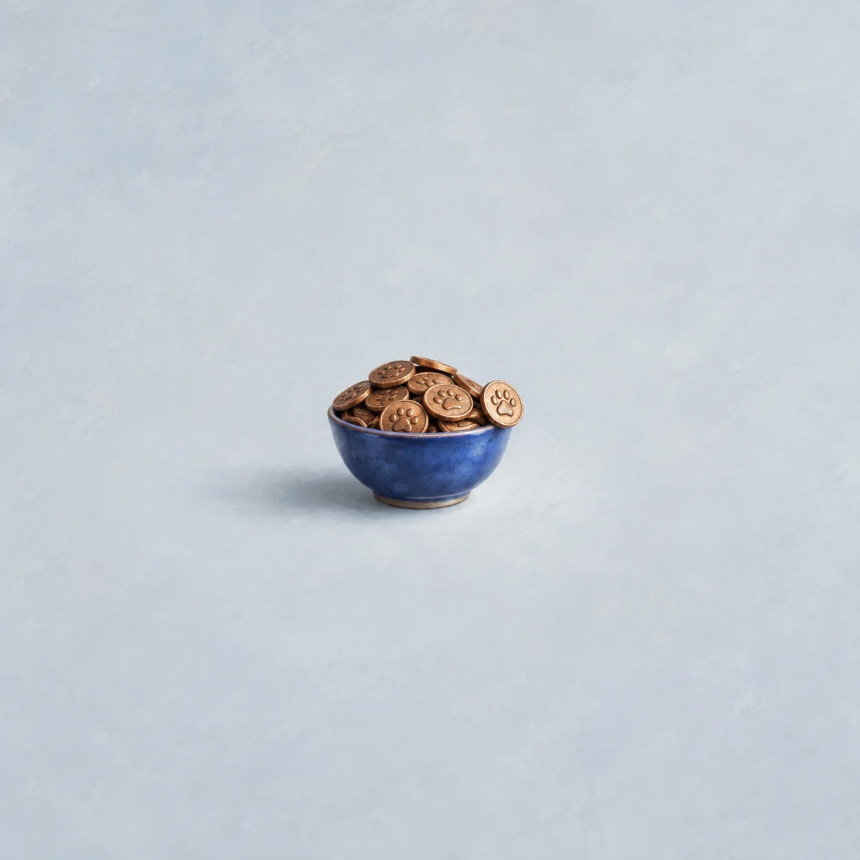 A cobalt bowl filled with copper coins stamped with paw prints, one coin resting on the rim, against a pale grey-blue background.
