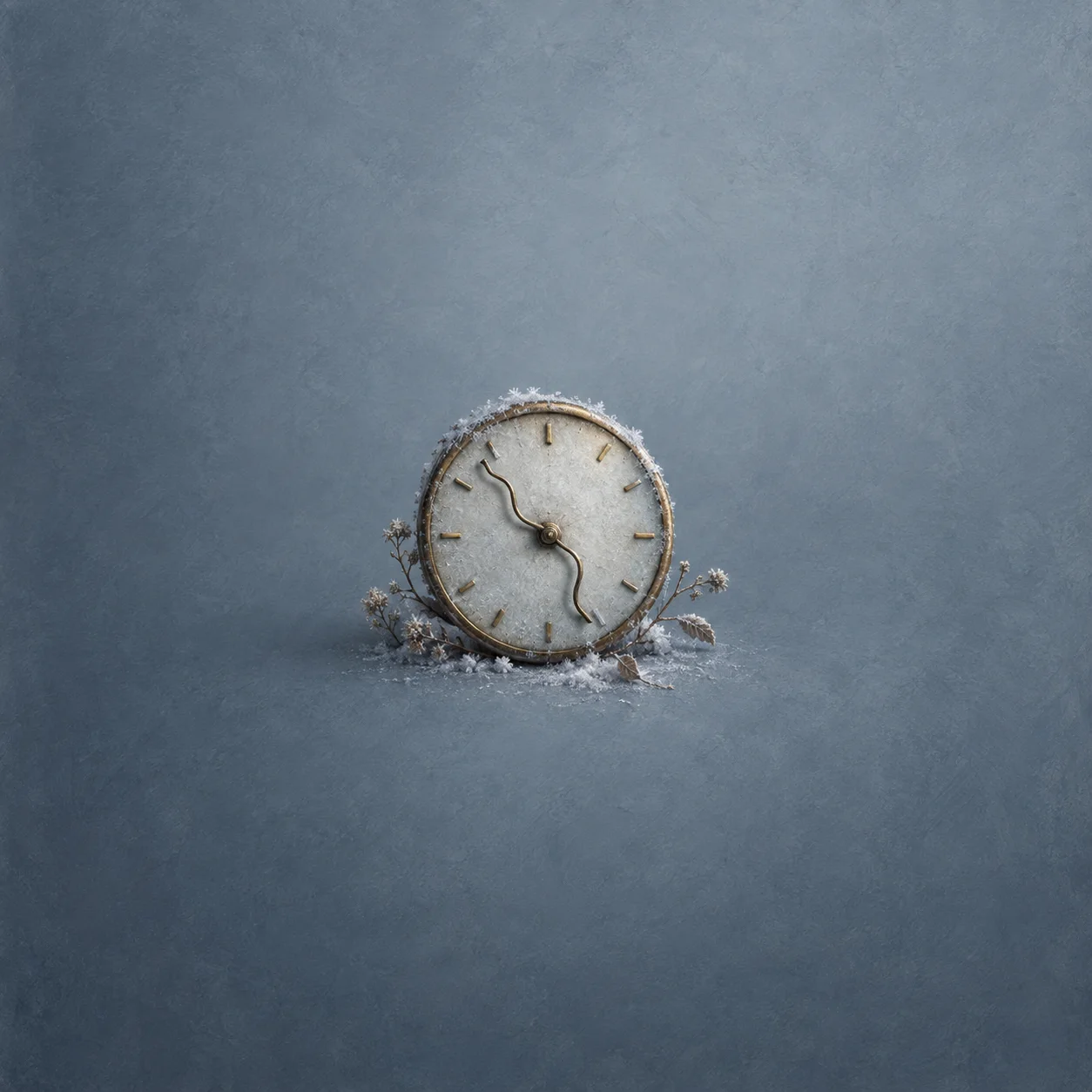 A pale clock face with brass ticks and bent hands, edged with frost on a blue-grey background.