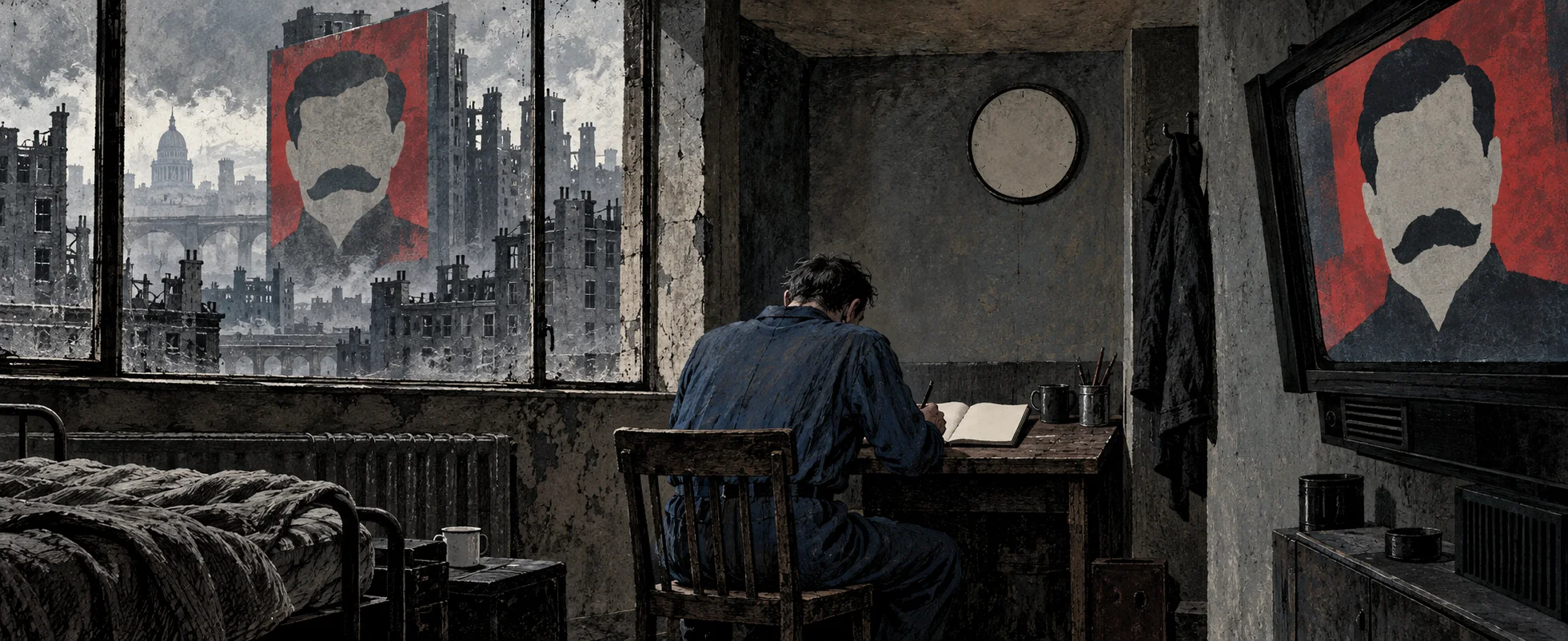 A thin man in overalls hunches over a notebook at a table in a shabby flat, hidden from a glowing telescreen, a grim city and a giant poster outside.