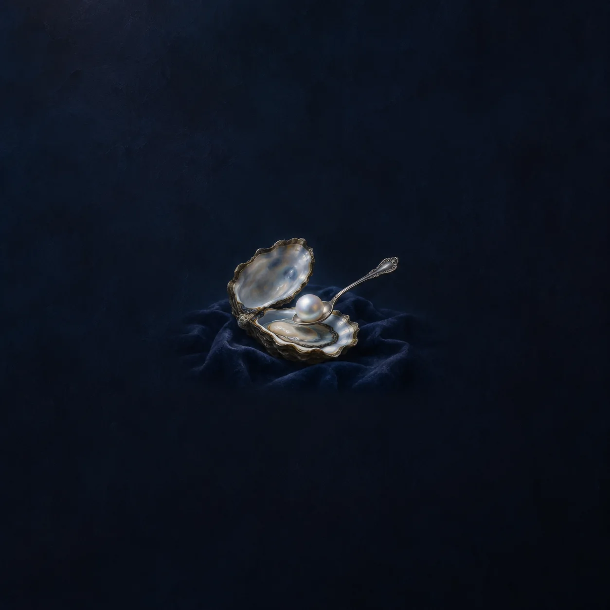 An open oyster on dark blue cloth with a pearl being lifted by a small silver spoon.