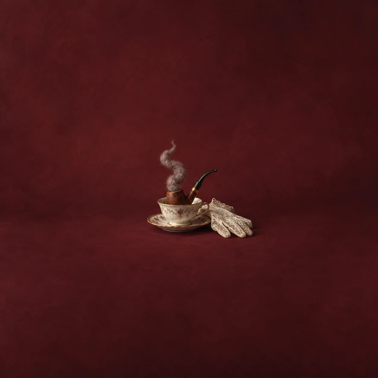 A smoking pipe rests in a teacup and saucer beside lace gloves on dark red cloth.