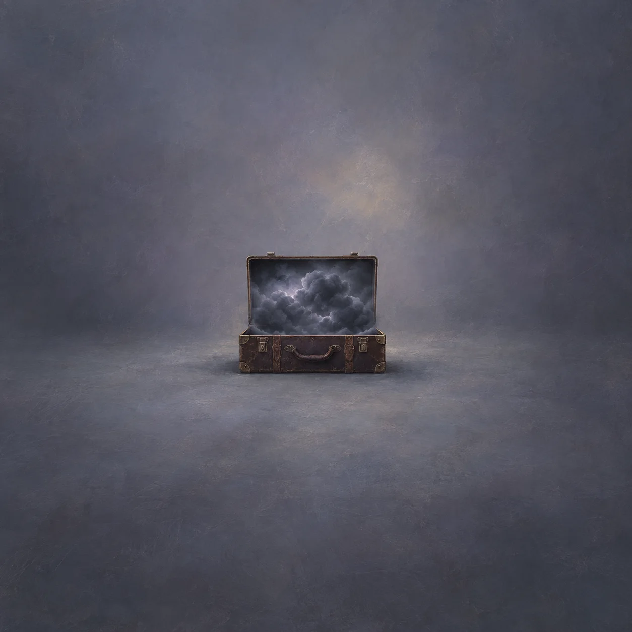 Painterly open worn suitcase containing a swirling dark storm cloud.