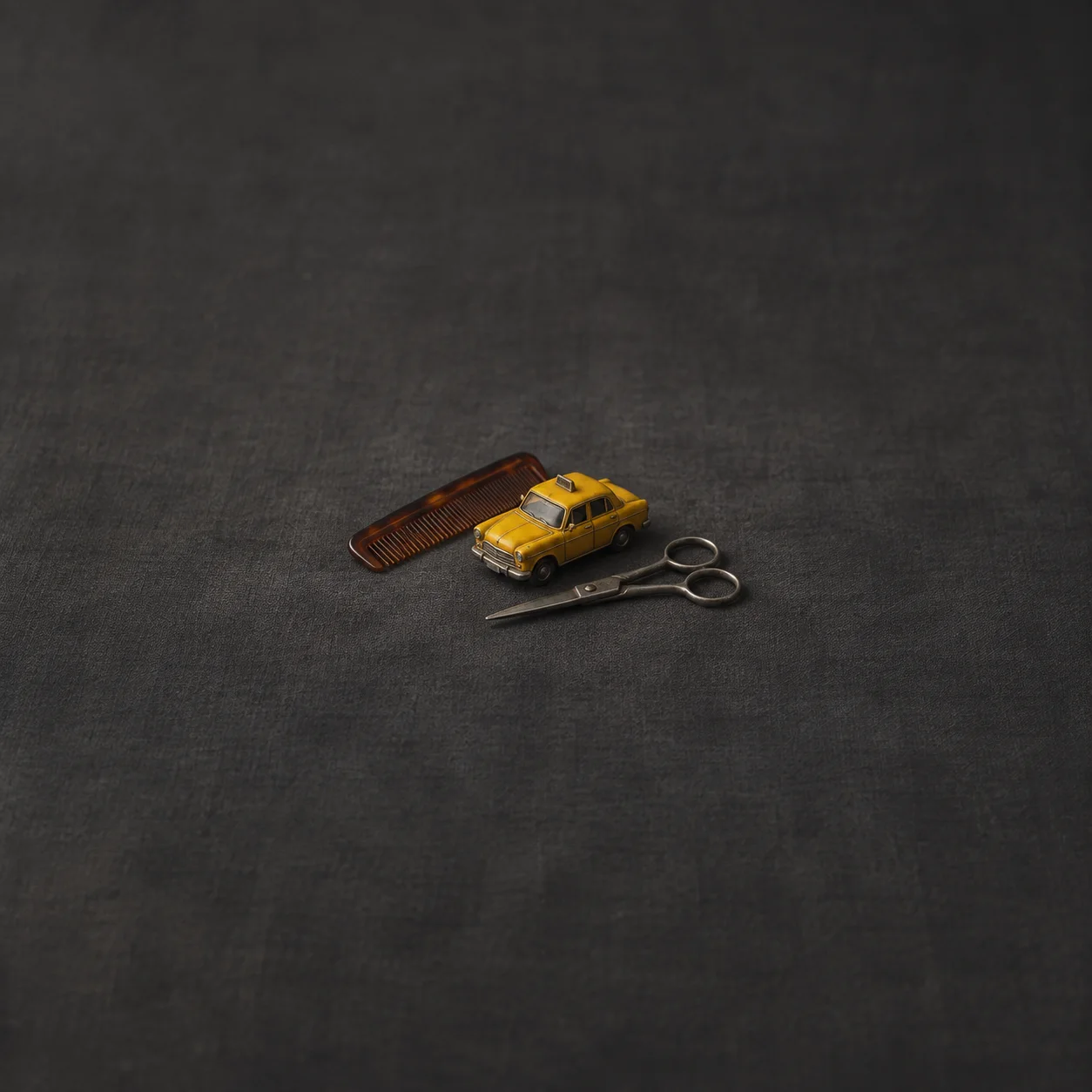 A small yellow toy taxi rests beside a brown comb and silver scissors on dark gray fabric.