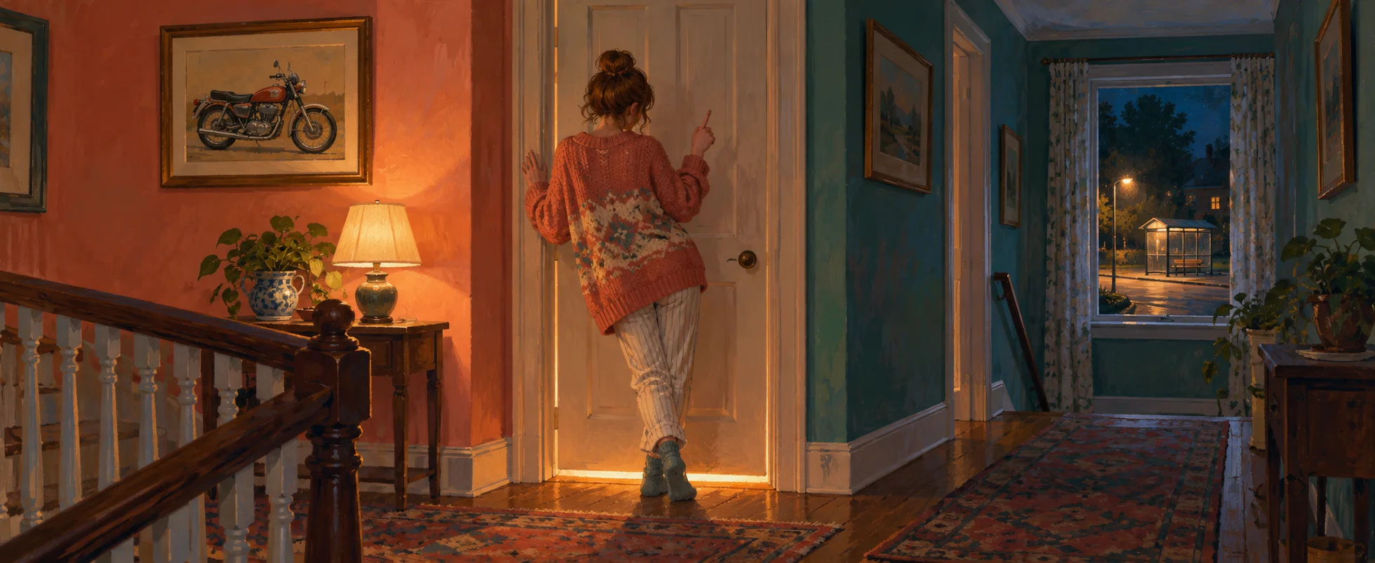 A young woman in a cardigan leans her head against a closed bedroom door in a warmly lit hallway at night.